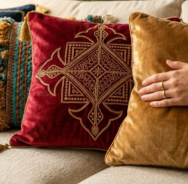 luxury velvet cushions in elegant living room with modern glam interior design