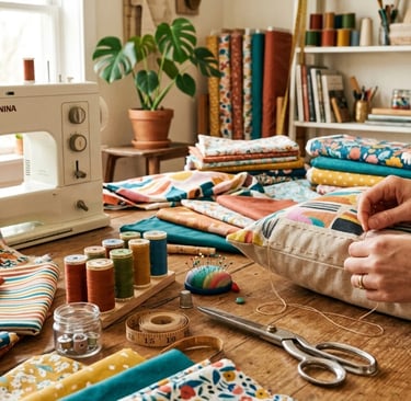 diy cushion cover sewing setup with colorful fabrics scissors and home decor crafting tools
