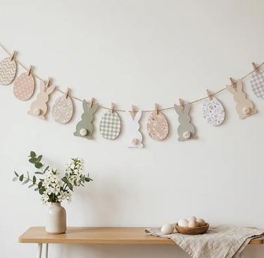 DIY Easter garland with paper bunny and egg cutouts hanging on twine against a neutral wall for mini