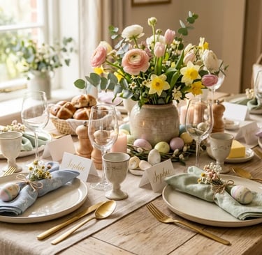 Easter bunny shaped napkin fold with pastel napkins tied with twine on an elegant dining table setup