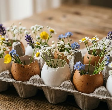 Eggshells turned into mini flower vases with small wildflowers arranged in a rustic egg carton for e