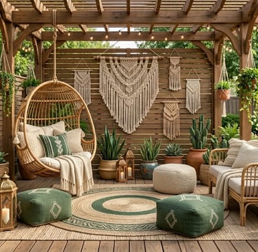 Boho outdoor decor with floor cushions, patterned rugs, and warm ambient lighting