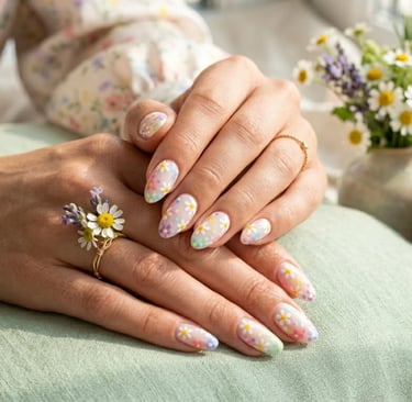 Floral multicolor nail art with tiny daisy flowers and vibrant spring nail colors