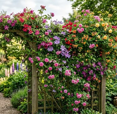 Outdoor privacy wall created with flowering vines and a wooden trellis