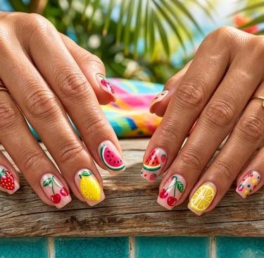 Cute fruit inspired colorful nail art with strawberry and lemon summer nail designs