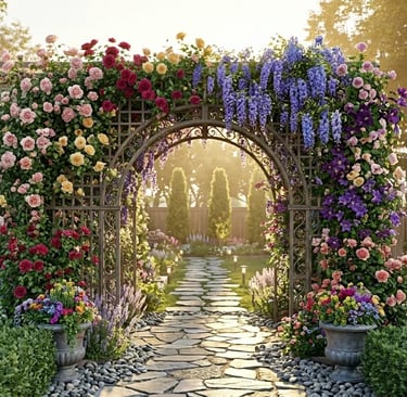Elegant metal archway trellis for climbing flowers and vine entry