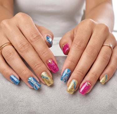 Glitter colorful nail design with sparkling accents and trendy bright nail polish