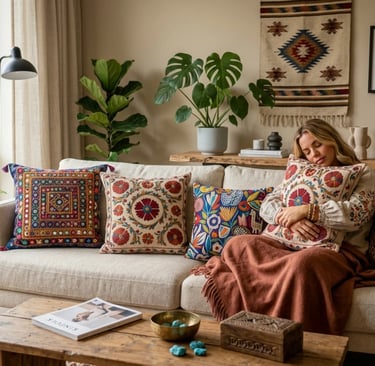 handmade embroidered cushions with bohemian patterns and artisan home decor style