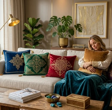 close up of decorative cushions showing rich fabric textures velvet linen and embroidery details