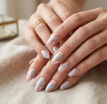 Elegant marble multicolor nail design with glossy swirl effect and luxury style