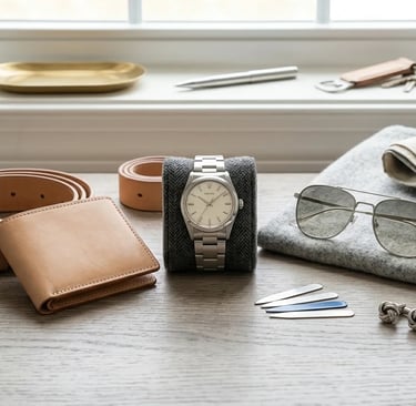 Men's fashion accessories including watches wallets and stylish add-ons