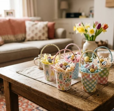 Small Easter baskets made from cups filled with shredded paper and pastel eggs placed on a cozy tabl