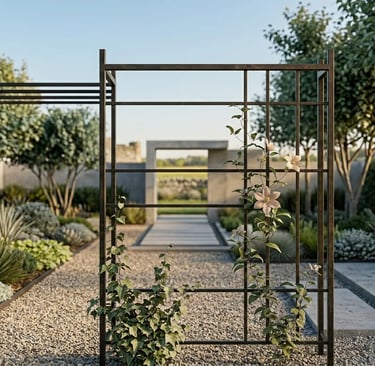 Minimalist matte black iron trellis for climbing patio plants