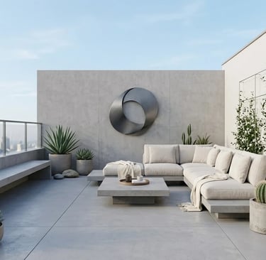 Minimalist outdoor terrace with modern furniture, plants, and concrete flooring for a serene look
