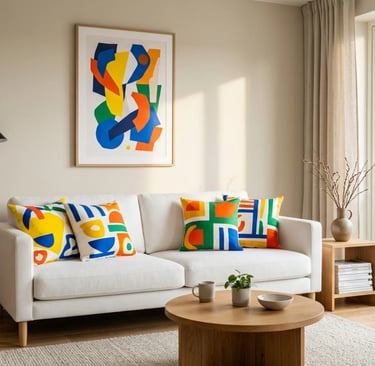 minimalist white sofa with bold funky patterned cushions in modern interior design