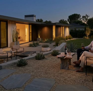 Small backyard patio with cozy seating, plants, and soft lighting for relaxing outdoor space