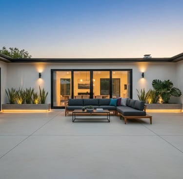 Modern minimalist patio with neutral furniture, clean lines, and stylish outdoor seating