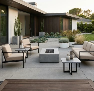 Luxury outdoor patio with lounge seating, greenery, and elegant lighting creating resort style