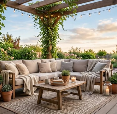 Cozy outdoor living room with comfortable seating, rug, and decorative patio setup