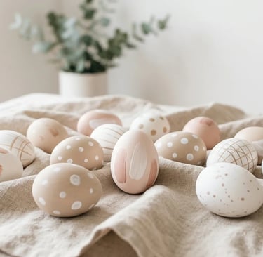 Modern painted Easter eggs with pastel colors and minimalist abstract designs on a soft linen backgr