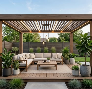 Outdoor dining area with table, chairs, and decorative lighting for gatherings