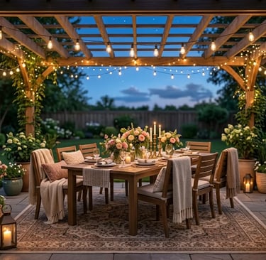 Small outdoor patio decorated with cozy seating, plants, and space saving design