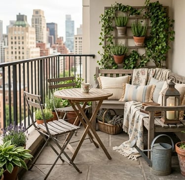 Cozy small balcony with seating, table, plants, and city view.