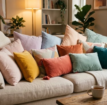 soft plush cushions arranged on cozy sofa creating cloud like comfort aesthetic