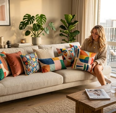 stylish living room with trendy cushions arranged for modern home decor brand campaign