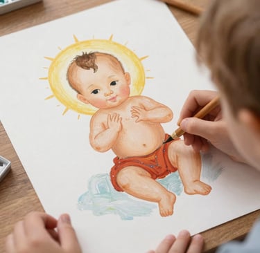 A child proudly holding up a completed Bible story puzzle from the activity kit.