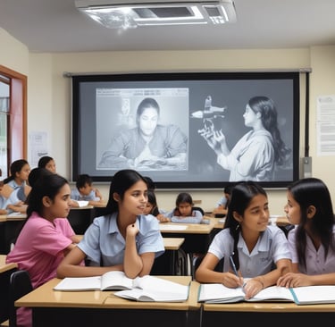 A bright classroom scene with students engaged in computer training and language lessons.
