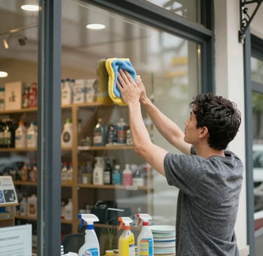 Close-up of a professional cleaning a large glass window with a squeegee on a sunny day.