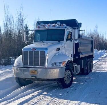 White Peterbilt dump truck parked on a snowy winter road with forest background.
