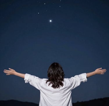 A serene astral projection scene with a person gently floating above a calm body of water under a deep indigo sky.