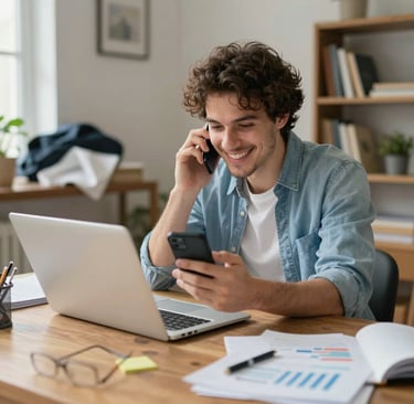 A clean, modern workspace with a tablet displaying colorful financial charts and graphs.