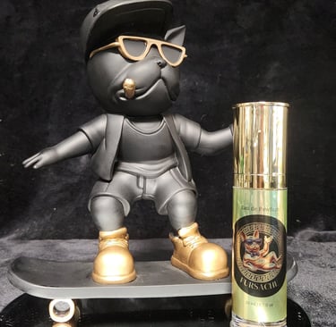 a dog with a skateboard and a fursache bottle