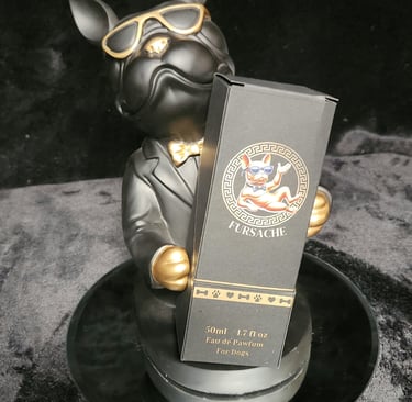 a dog statue of a dog wearing a suit and glasses with a bottle of Fursache