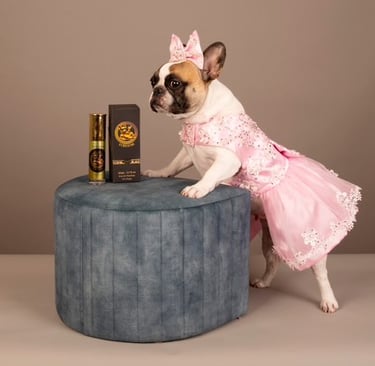 a dog dressed in a pink dress with a bottle of Fursache