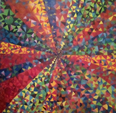 Abstract kaleidoscope art featuring a colorful geometric mosaic pattern of triangles radiating from the center.
