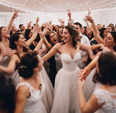A joyful couple sharing a dance surrounded by close family and friends in a cozy, intimate reception setting.