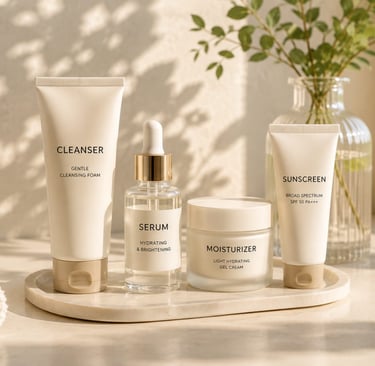 Morning skincare routine with cleanser, serum, moisturizer, and sunscreen for beginners