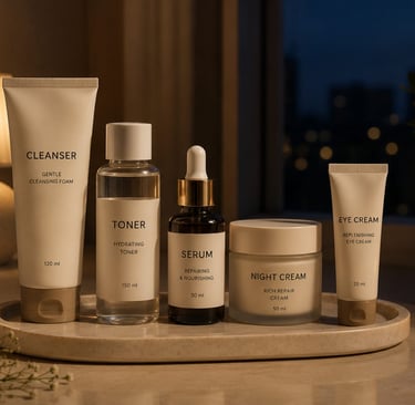 Night skincare routine with cleanser, treatment, and moisturizer for beginners