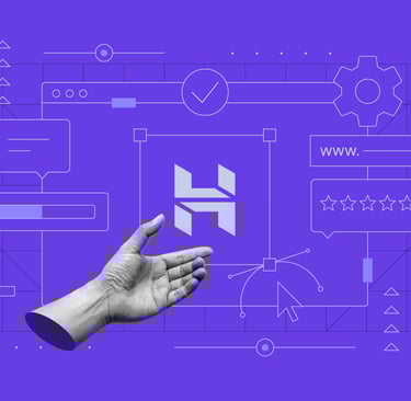 A conceptual digital interface with a hand pointing to a web design layout and the Hostinger logo.