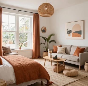 Rustic wooden dining table set with vintage plates and candles.