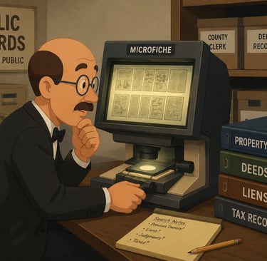 A man researches property records and deeds using a microfiche machine in a public records office.