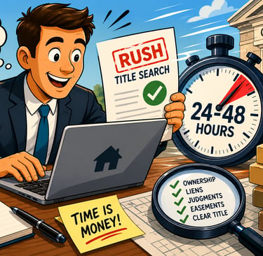 Real estate investor performing a rush property title search for liens and mortgages near a county records building.