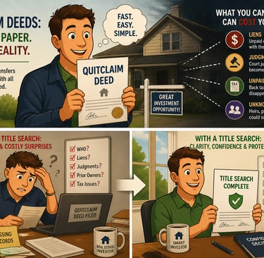 Buying a property using a quitclaim deed can be risky. A title search helps investors avoid liens.