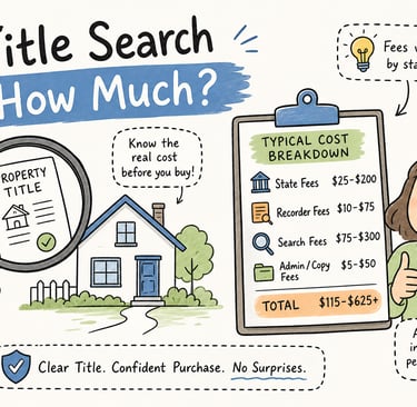 Infographic showing title search cost breakdown with typical state, recorder, and search fees.