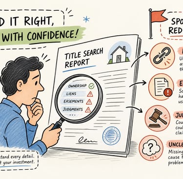 Illustration of a man reviewing a title search report for property liens, easements, and red flags.