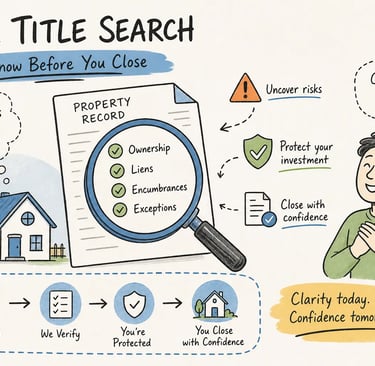 An infographic explaining O&E title search services to uncover property liens and ownership records.
